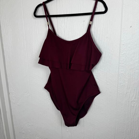 Primark Maroon One Piece Swimsuit Size 14 Ruffle Top Full Coverage Red Ribbed - Picture 8 of 8